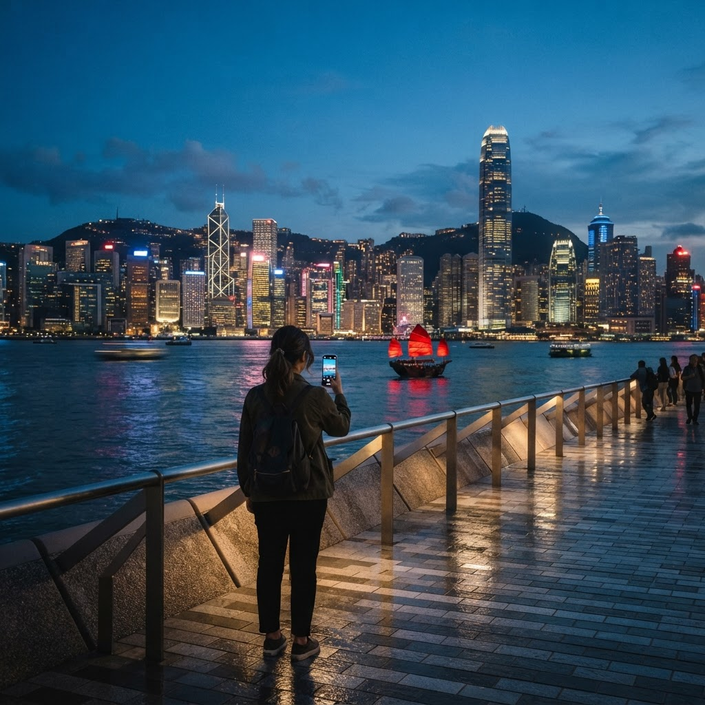 Hong Kong Victoria Harbour skyline at dusk